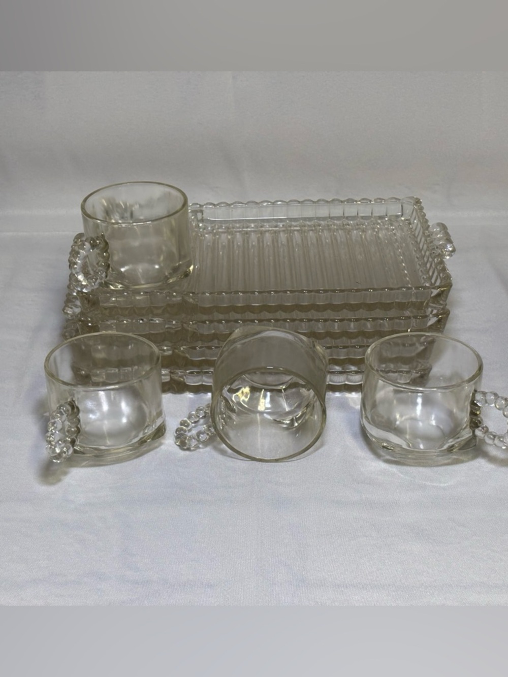 Set of 4 Vtg Hazel Atlas Glass Snack Luncheon Plates Sip And Smoke Ball & Rib